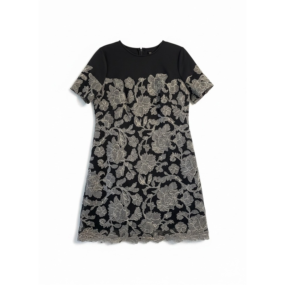 Tadashi Shoji Dress Women 16 Black Gold Embroidered Lace Overlay A-Line - Picture 5 of 12
